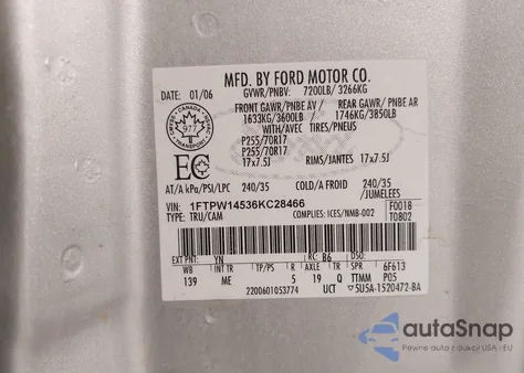 2006 Ford F-150 Fx4/Lariat/Xlt from USA, damaged, VIN 1FTPW14536KC28466